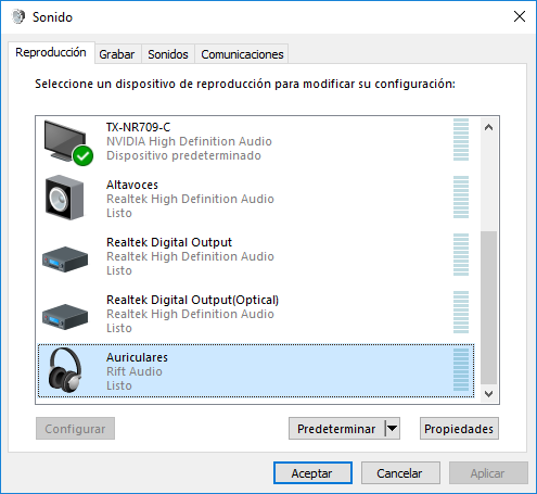 Windows detecta los auriculares del Rift