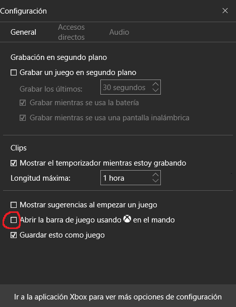 Opciones de Xbox en Windows 10