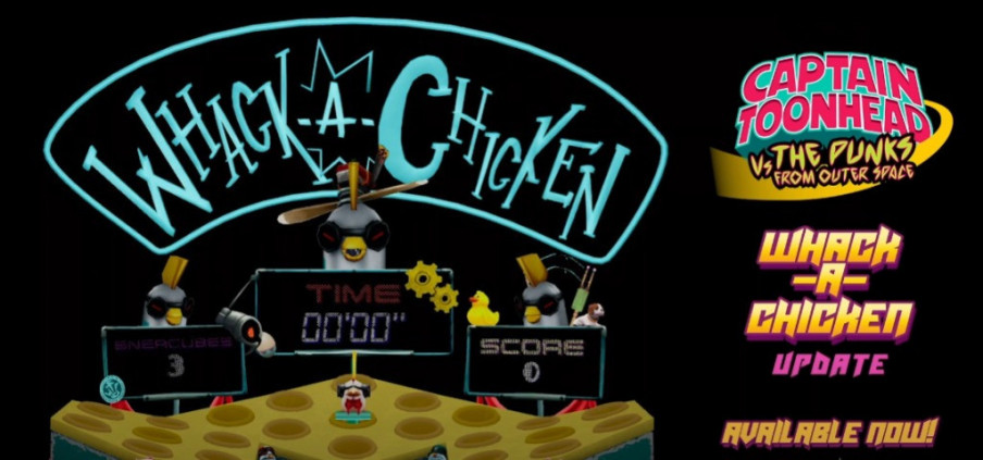 Captain ToonHead monta el pollo con su actualización Whack-A-Chicken